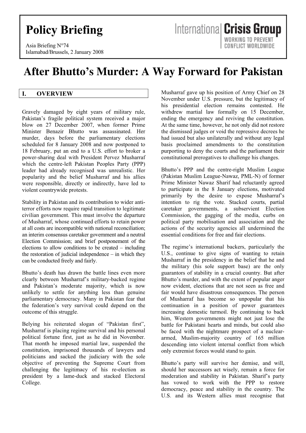 Asia Briefing, Nr. 74: After Bhutto's Murder