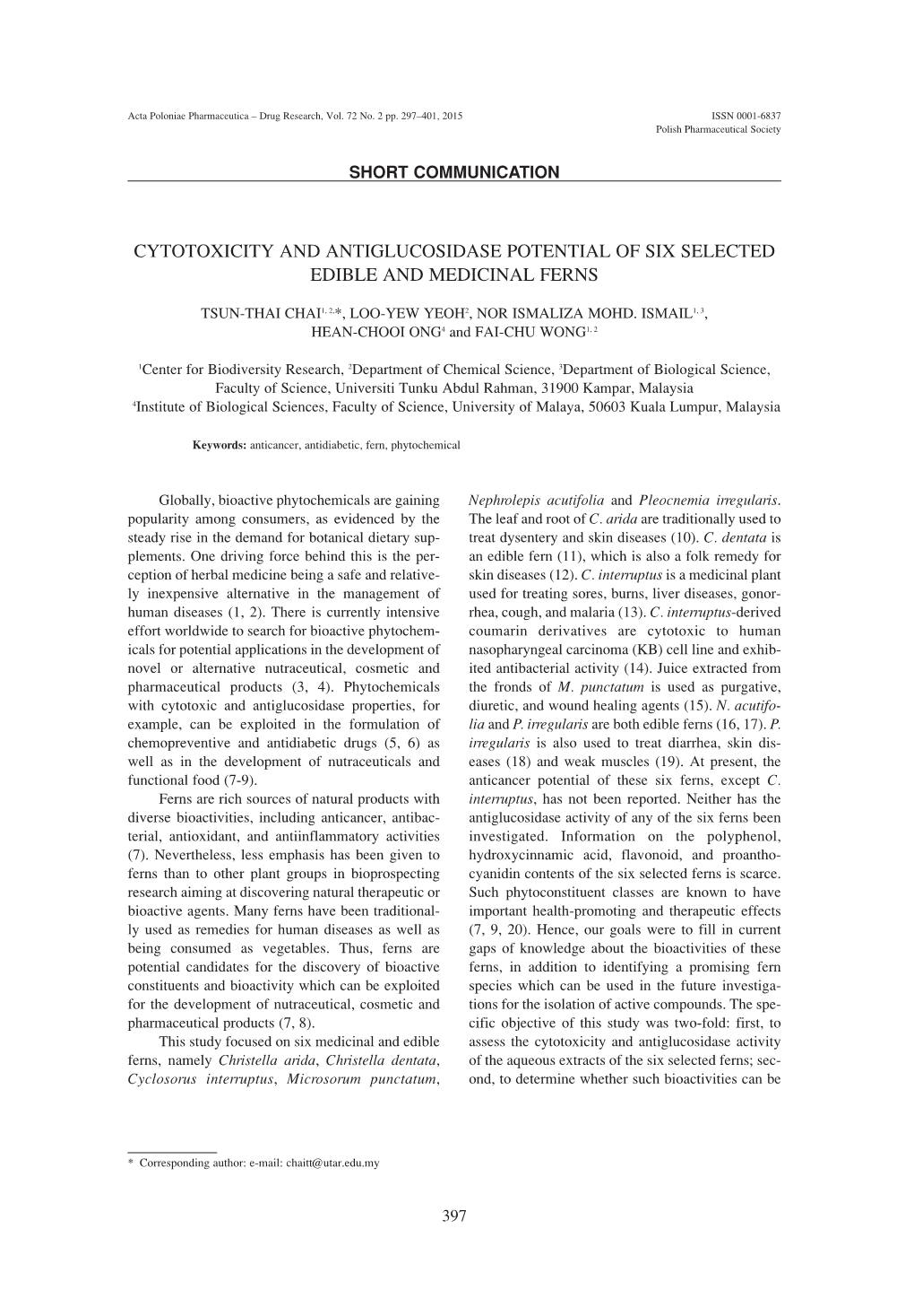 Cytotoxicity and Antiglucosidase Potential of Six Selected Edible and Medicinal Ferns