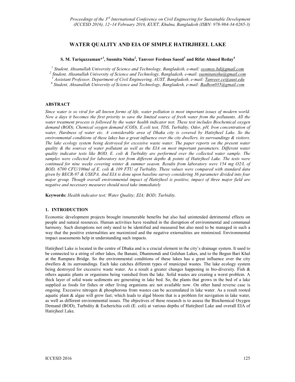 Water Quality and Simple EIA of Hatirjheel Lake