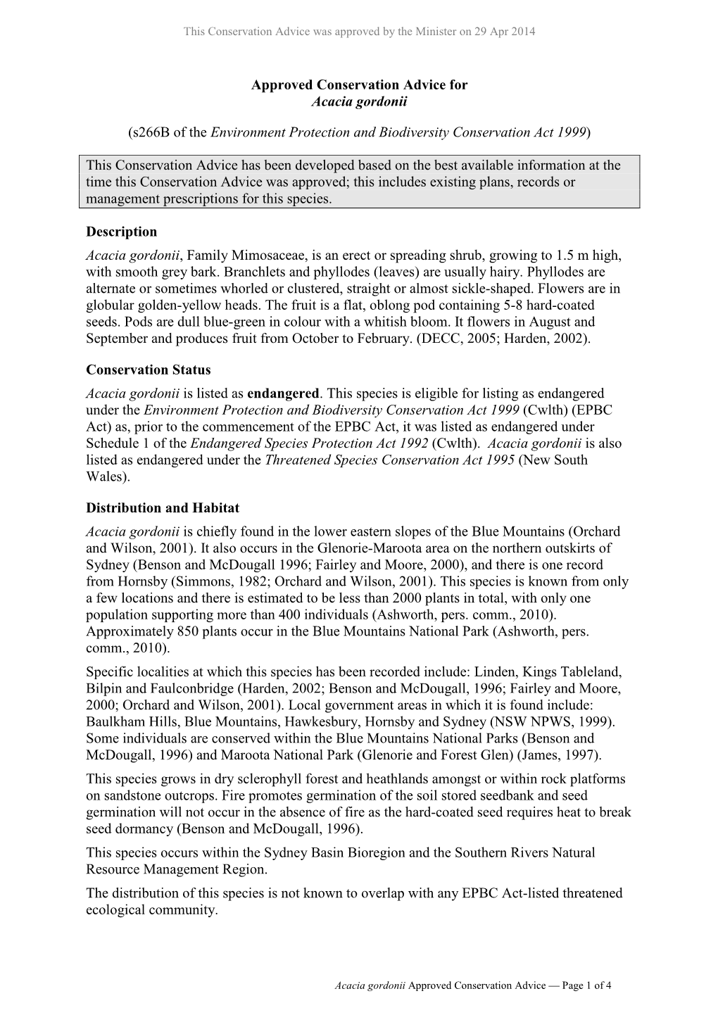 Approved Conservation Advice for Acacia Gordonii