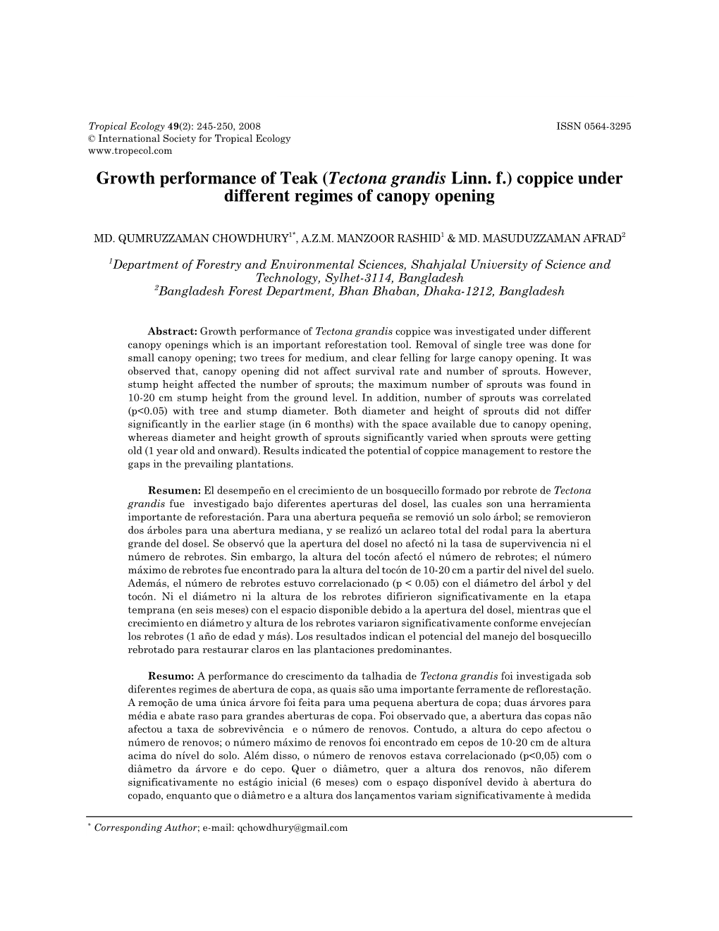 Growth Performance of Teak ( Tectona Grandis Linn