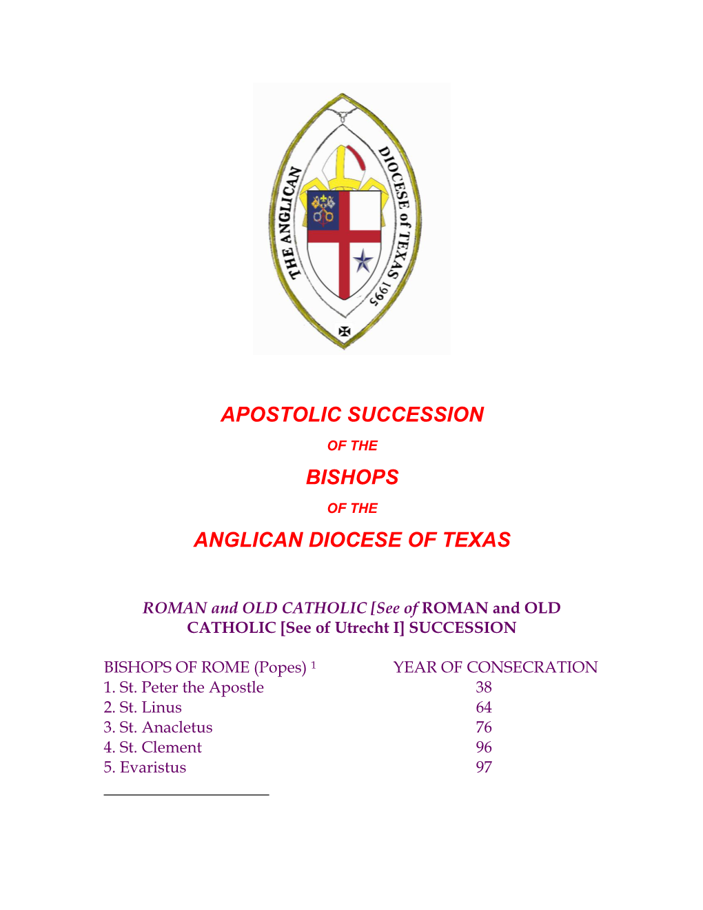 Apostolic Succession Bishops Anglican Diocese of Texas