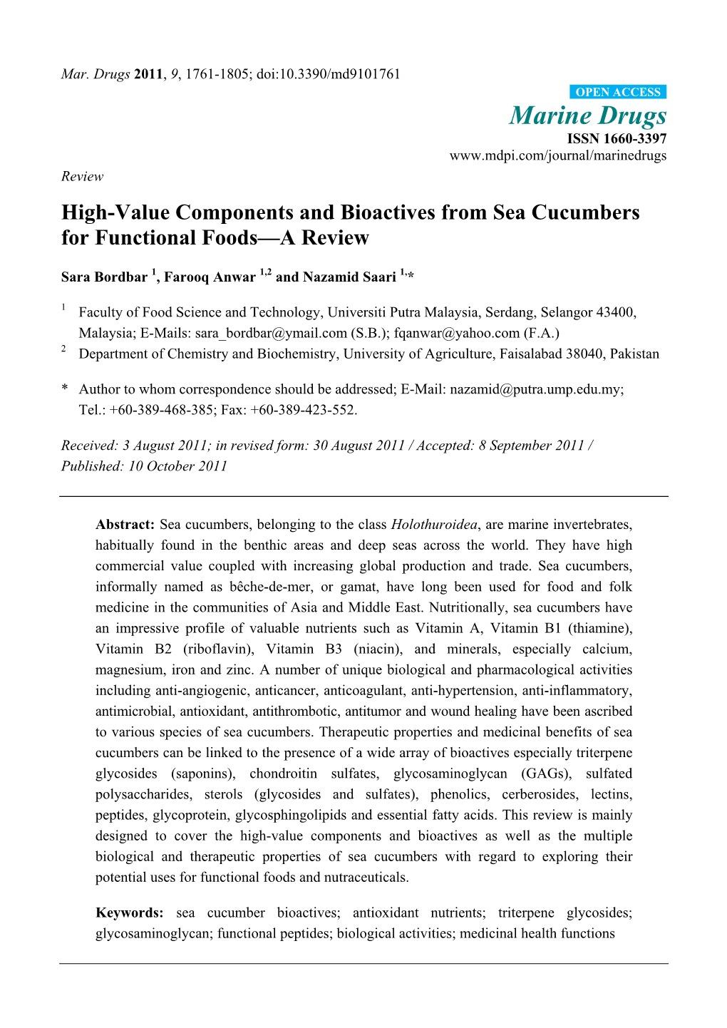 High-Value Components and Bioactives from Sea Cucumbers for Functional Foods—A Review