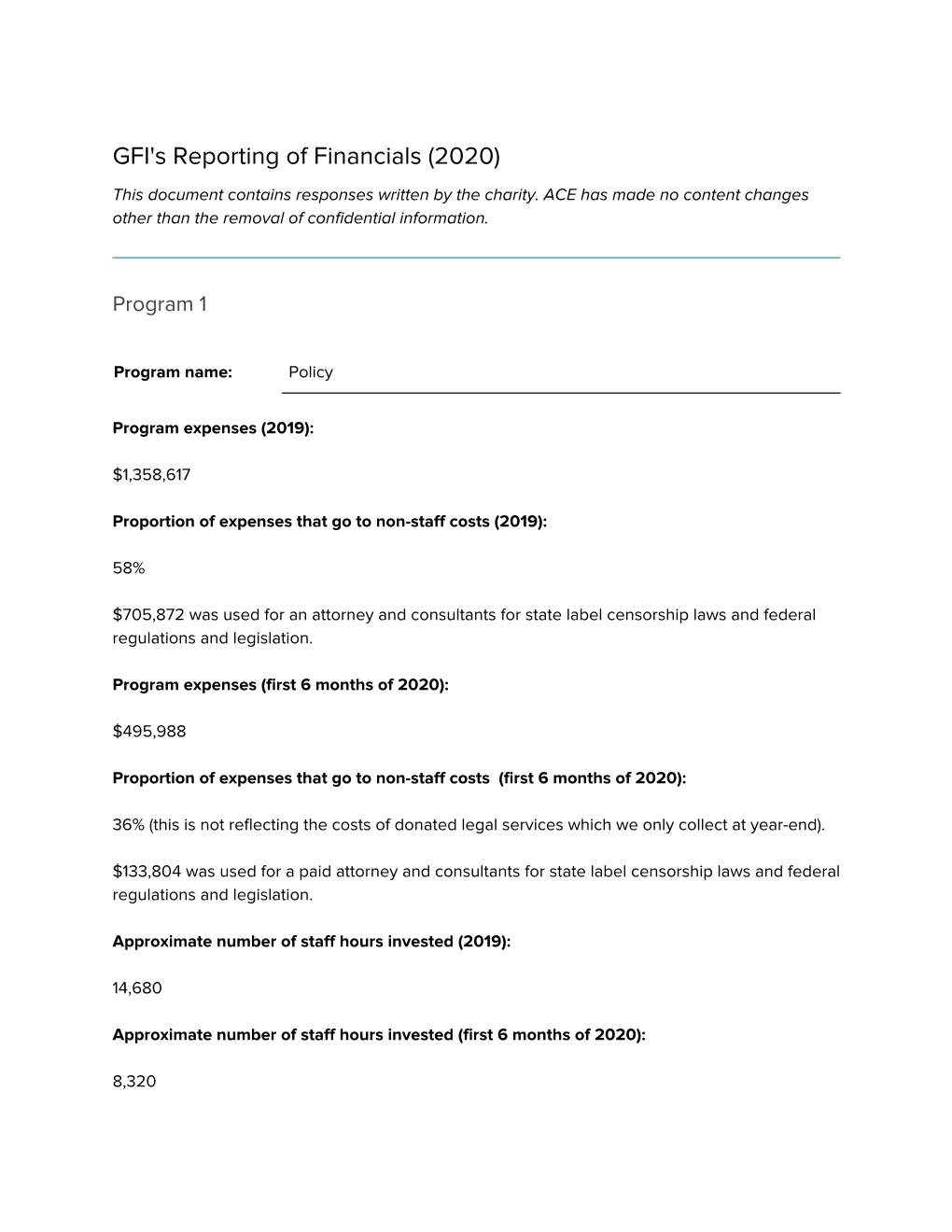 GFI's Reporting of Financials (2020) This Document Contains Responses Written by the Charity