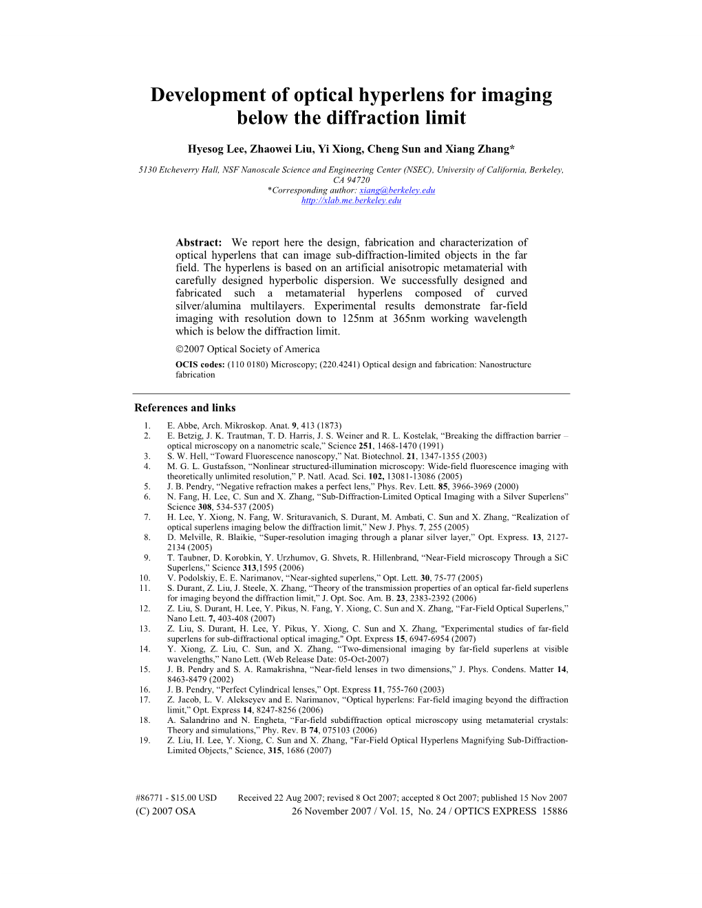 Development of Optical Hyperlens for Imaging Below the Diffraction Limit