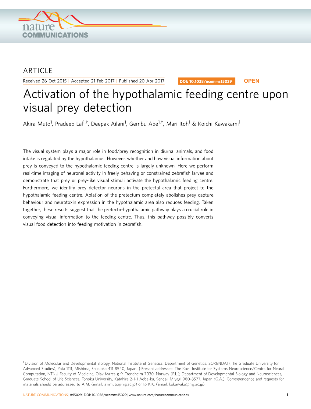 Activation of the Hypothalamic Feeding Centre Upon Visual Prey Detection