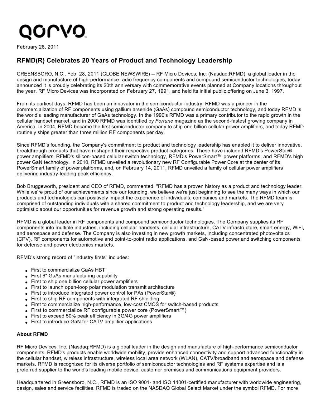 RFMD(R) Celebrates 20 Years of Product and Technology Leadership