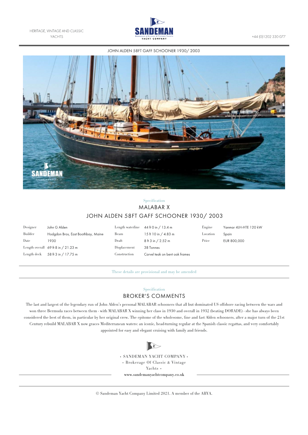 John Alden 58Ft Gaff Schooner 1930/ 2003