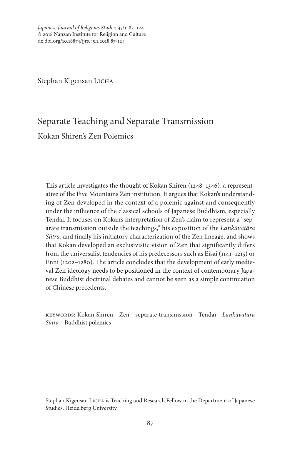 Separate Teaching and Separate Transmission Kokan Shiren’S Zen Polemics