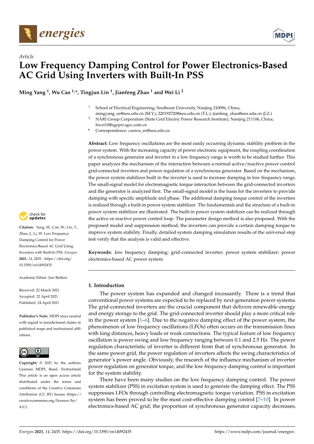 Low Frequency Damping Control for Power Electronics-Based AC Grid Using Inverters with Built-In PSS