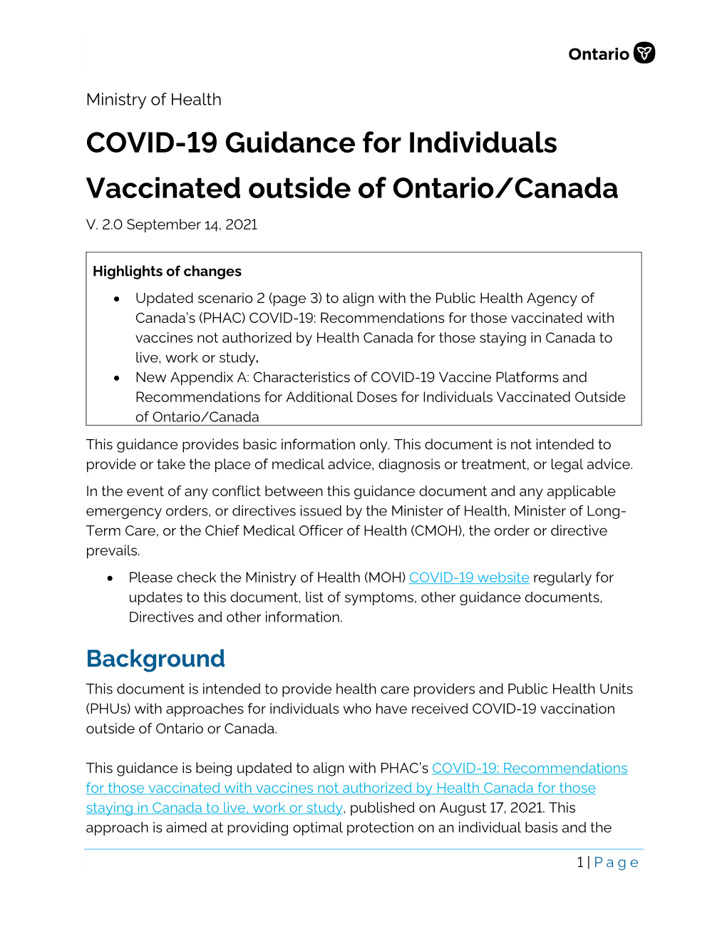 COVID-19 Guidance for Individuals Vaccinated Outside of Ontario/Canada V