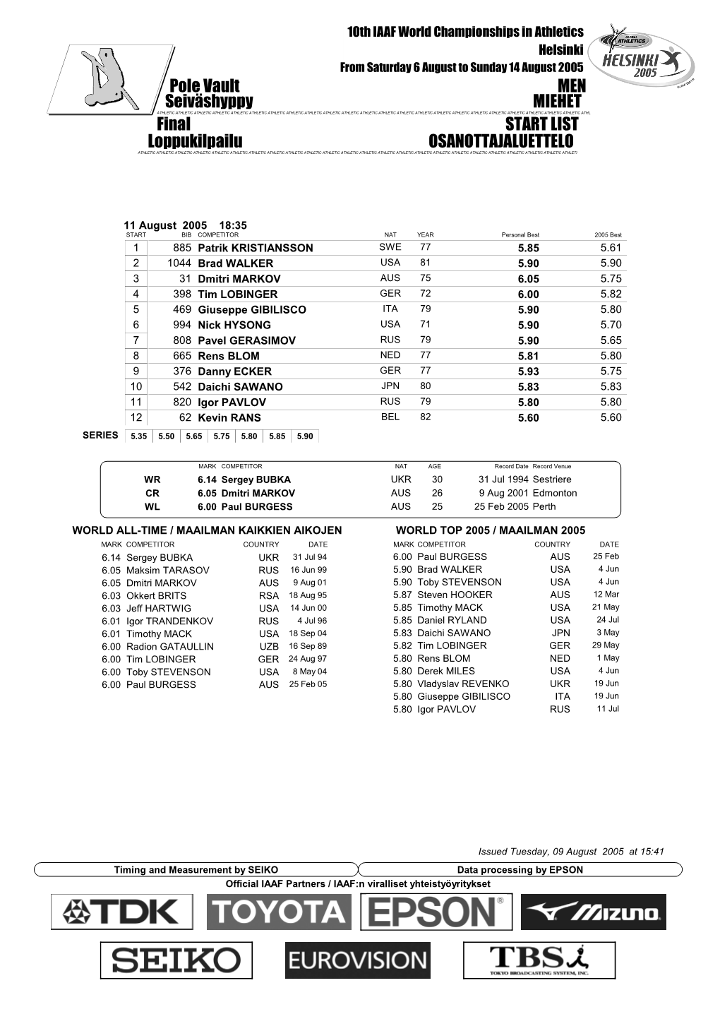 Final START LIST Pole Vault MEN Loppukilpailu OSANOTTAJALUETTELO Seiväshyppy MIEHET