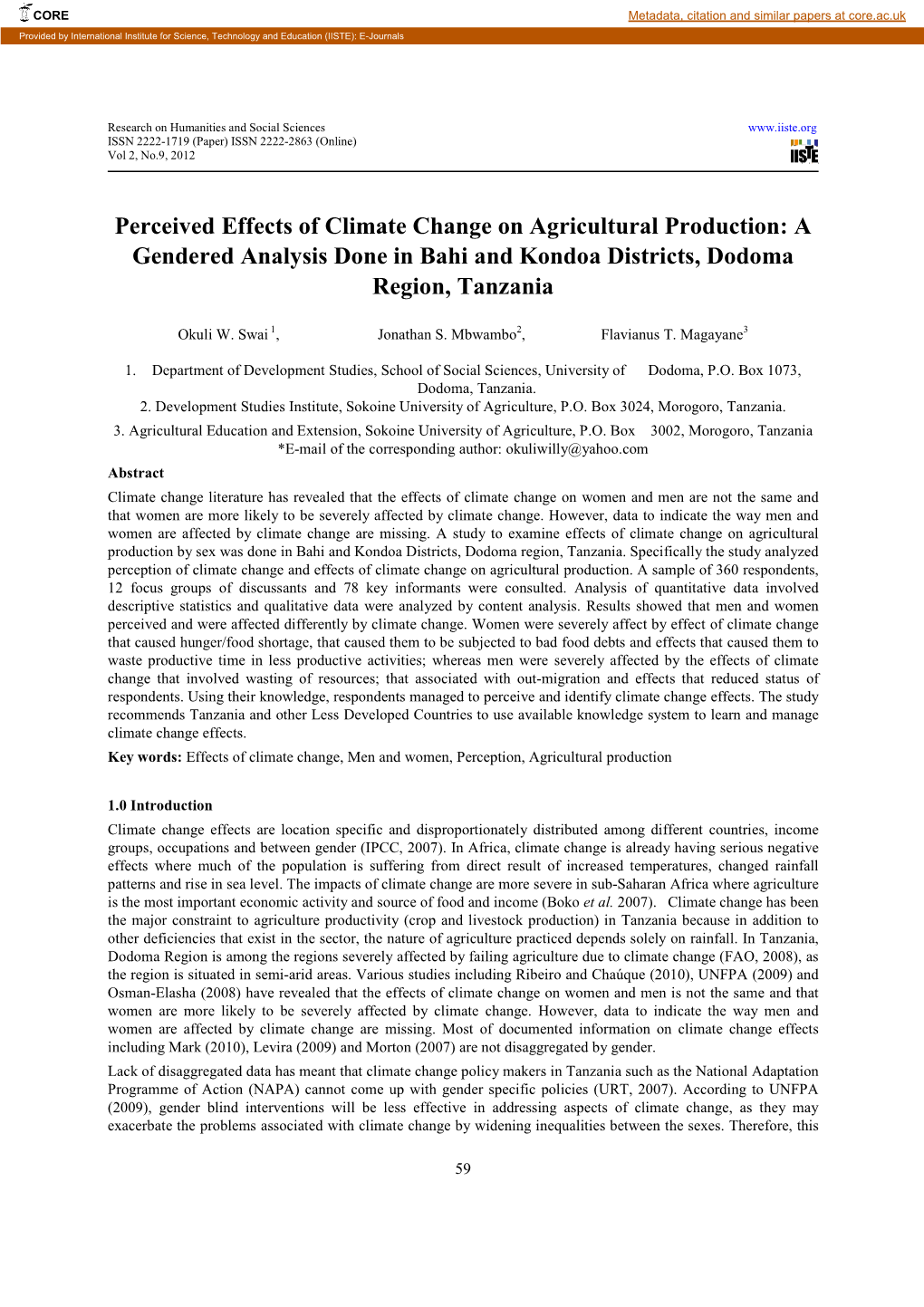 Perceived Effects of Climate Change on Agricultural Production: a Gendered Analysis Done in Bahi and Kondoa Districts, Dodoma Region, Tanzania