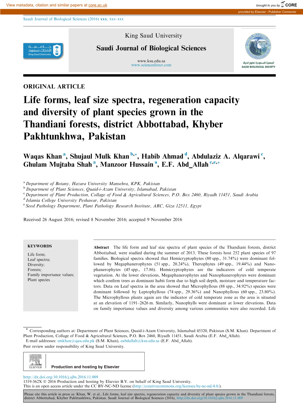 Life Forms, Leaf Size Spectra, Regeneration Capacity and Diversity of Plant Species Grown in the Thandiani Forests, District Abbottabad, Khyber Pakhtunkhwa, Pakistan