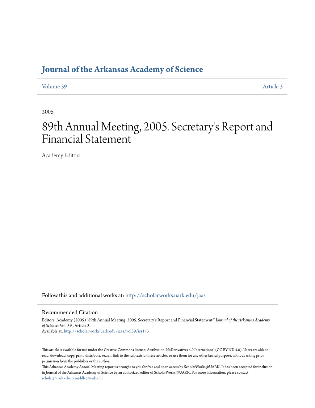 89Th Annual Meeting, 2005. Secretary's Report and Financial Statement Academy Editors