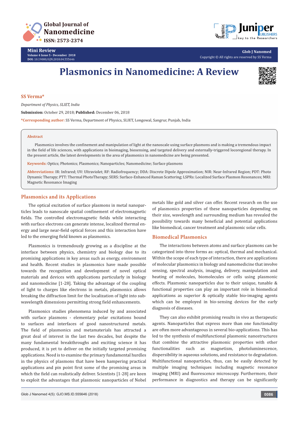 Plasmonics in Nanomedicine: a Review