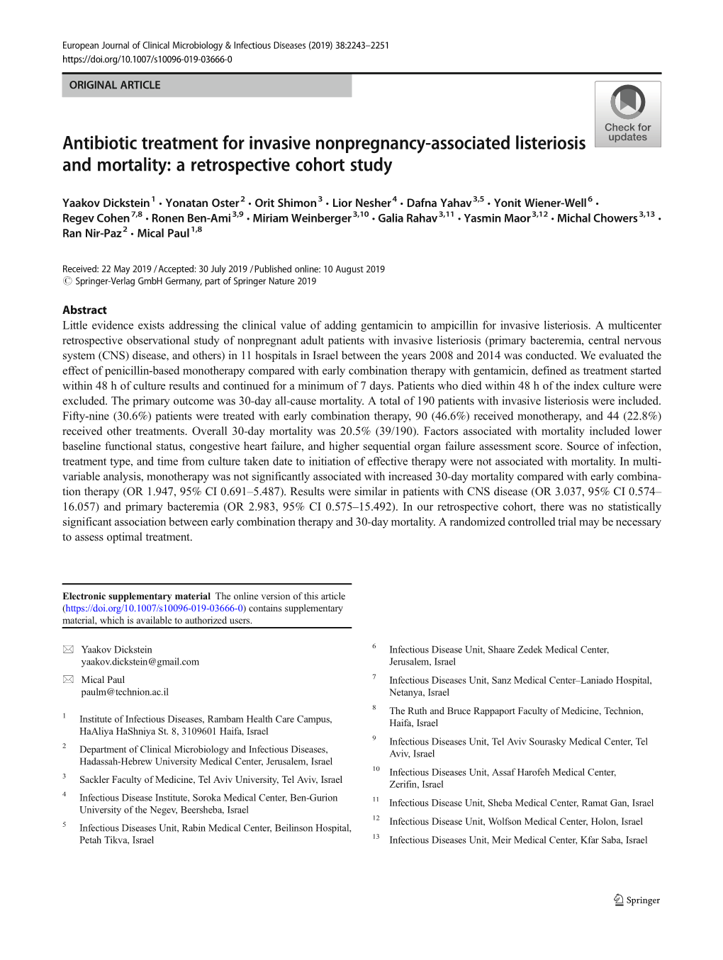 Antibiotic Treatment for Invasive Nonpregnancy-Associated Listeriosis and Mortality: a Retrospective Cohort Study