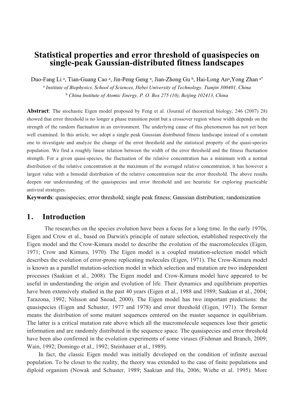 Statistical Properties and Error Threshold of Quasispecies on Single-Peak Gaussian-Distributed Fitness Landscapes