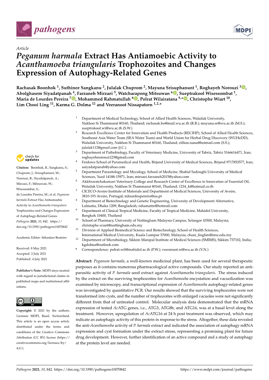 Peganum Harmala Extract Has Antiamoebic Activity to Acanthamoeba Triangularis Trophozoites and Changes Expression of Autophagy-Related Genes