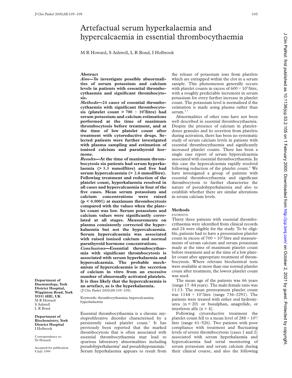 Artefactual Serum Hyperkalaemia and Hypercalcaemia in Essential Thrombocythaemia J Clin Pathol: First Published As 10.1136/Jcp.53.2.105 on 1 February 2000