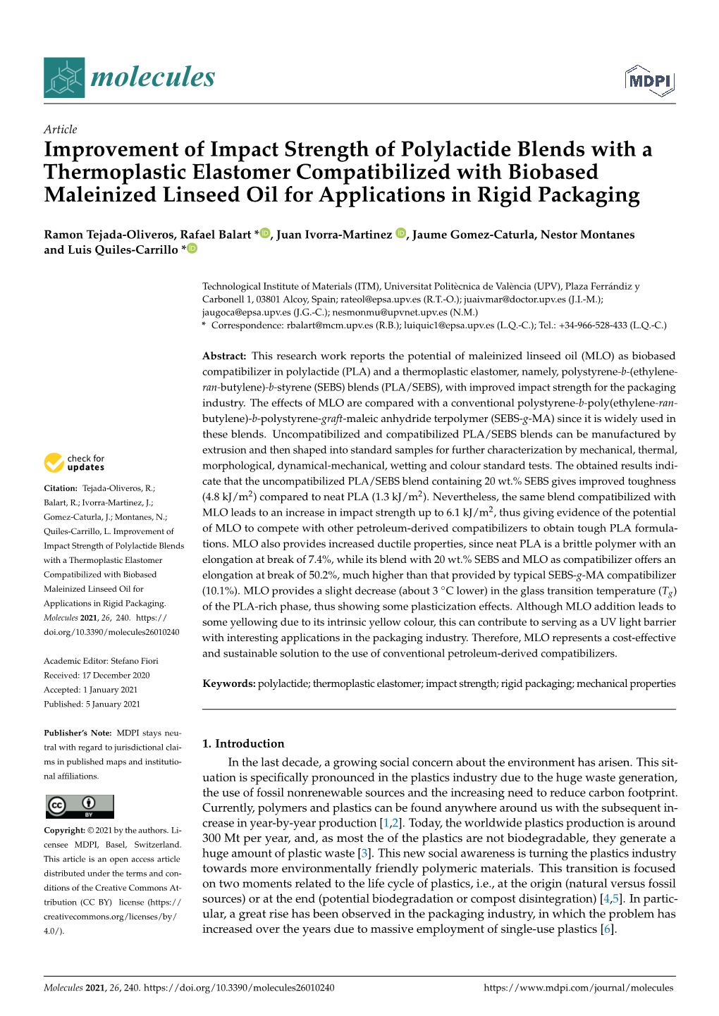 Improvement of Impact Strength of Polylactide Blends with a Thermoplastic Elastomer Compatibilized with Biobased Maleinized Lins