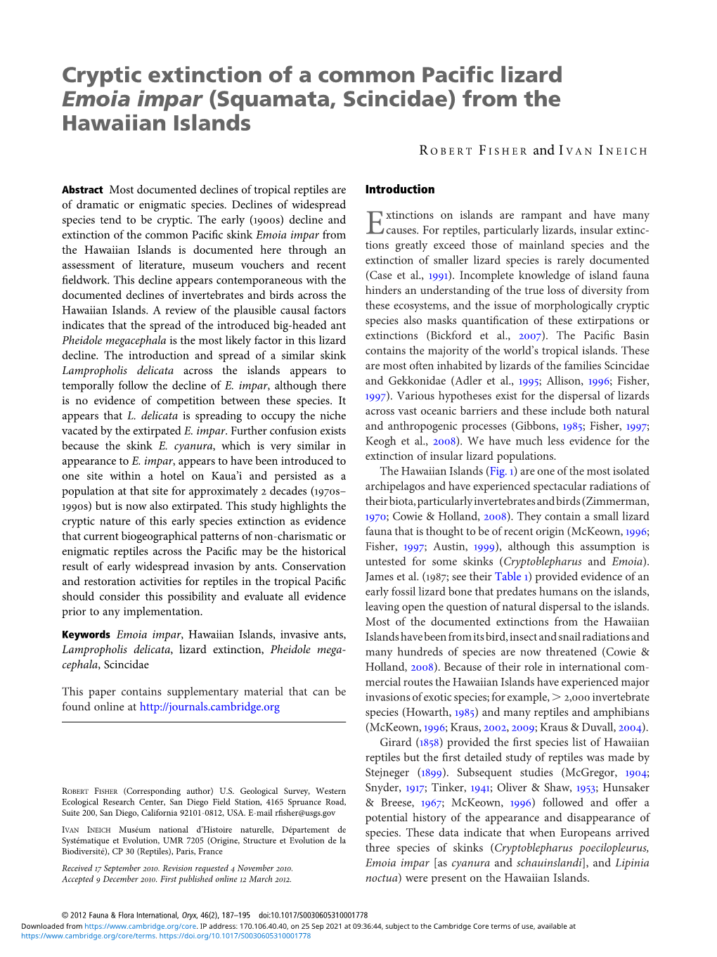 Cryptic Extinction of a Common Pacific Lizard Emoia Impar (Squamata, Scincidae) from the Hawaiian Islands