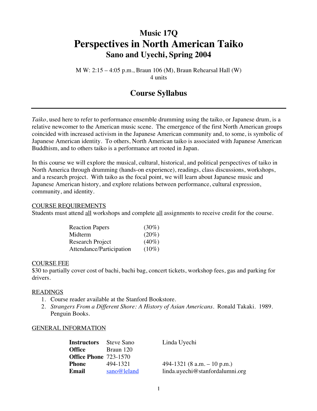 Perspectives in North American Taiko Sano and Uyechi, Spring 2004