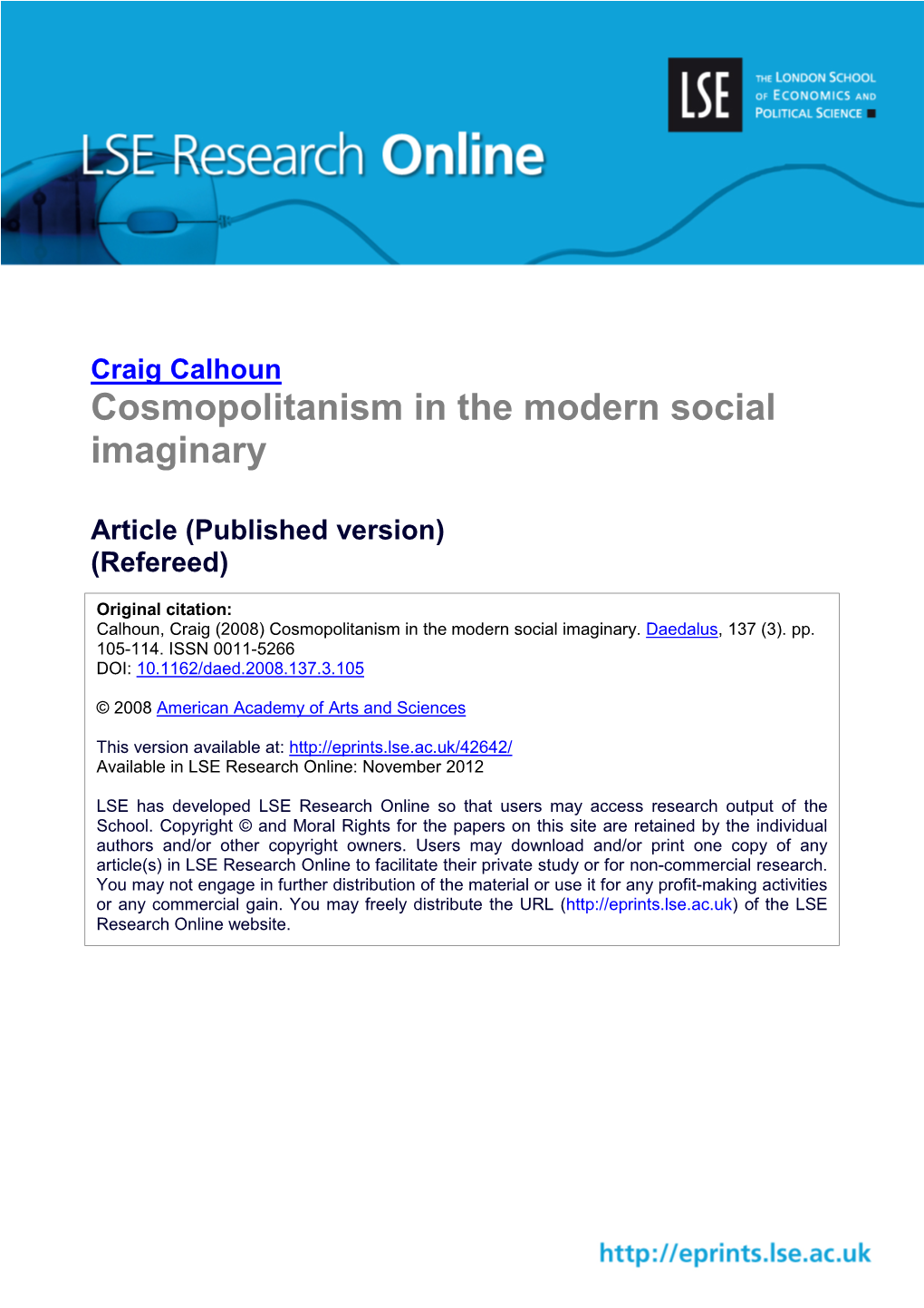 Cosmopolitanism in the Modern Social Imaginary