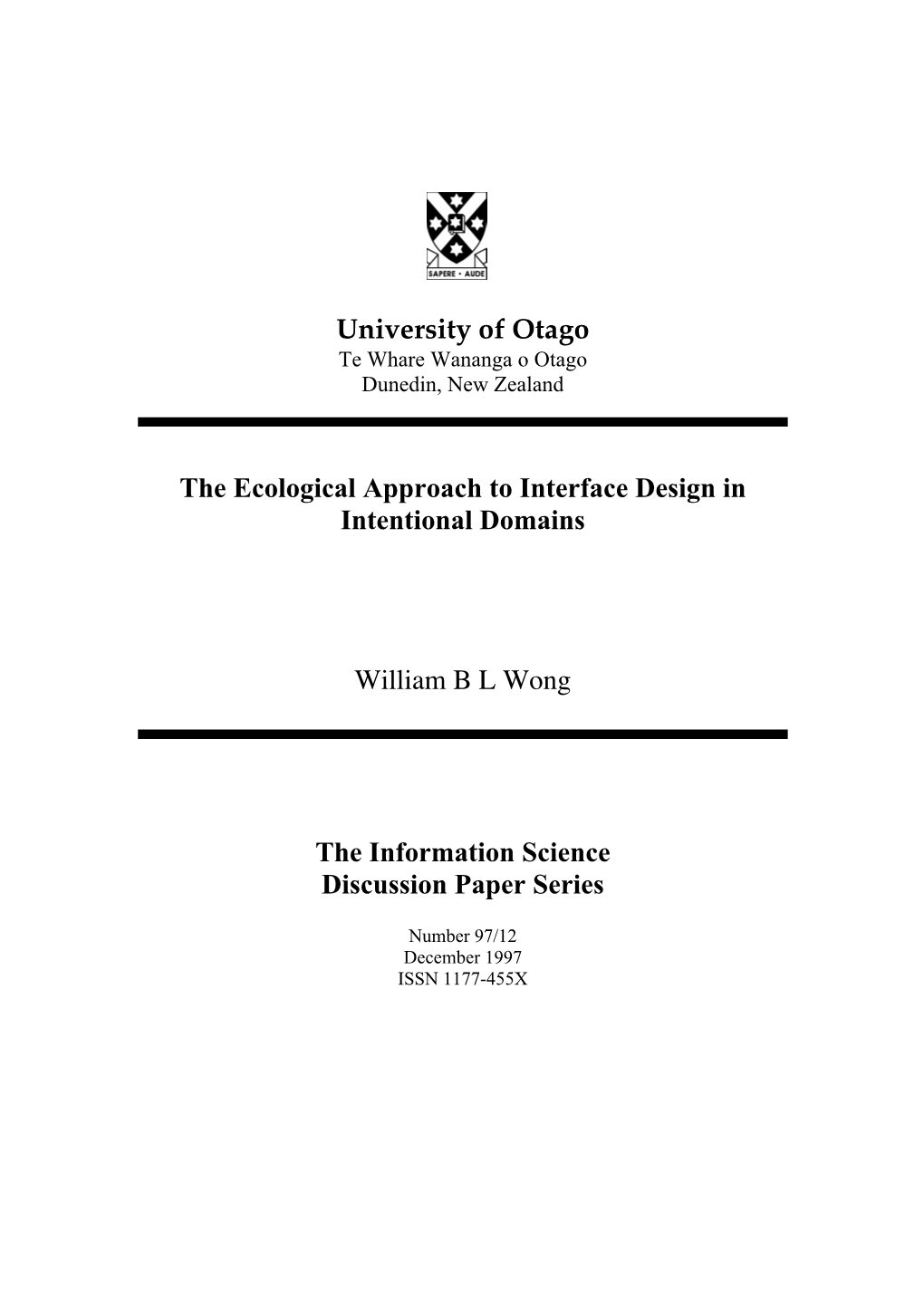 University of Otago the Ecological Approach to Interface Design In
