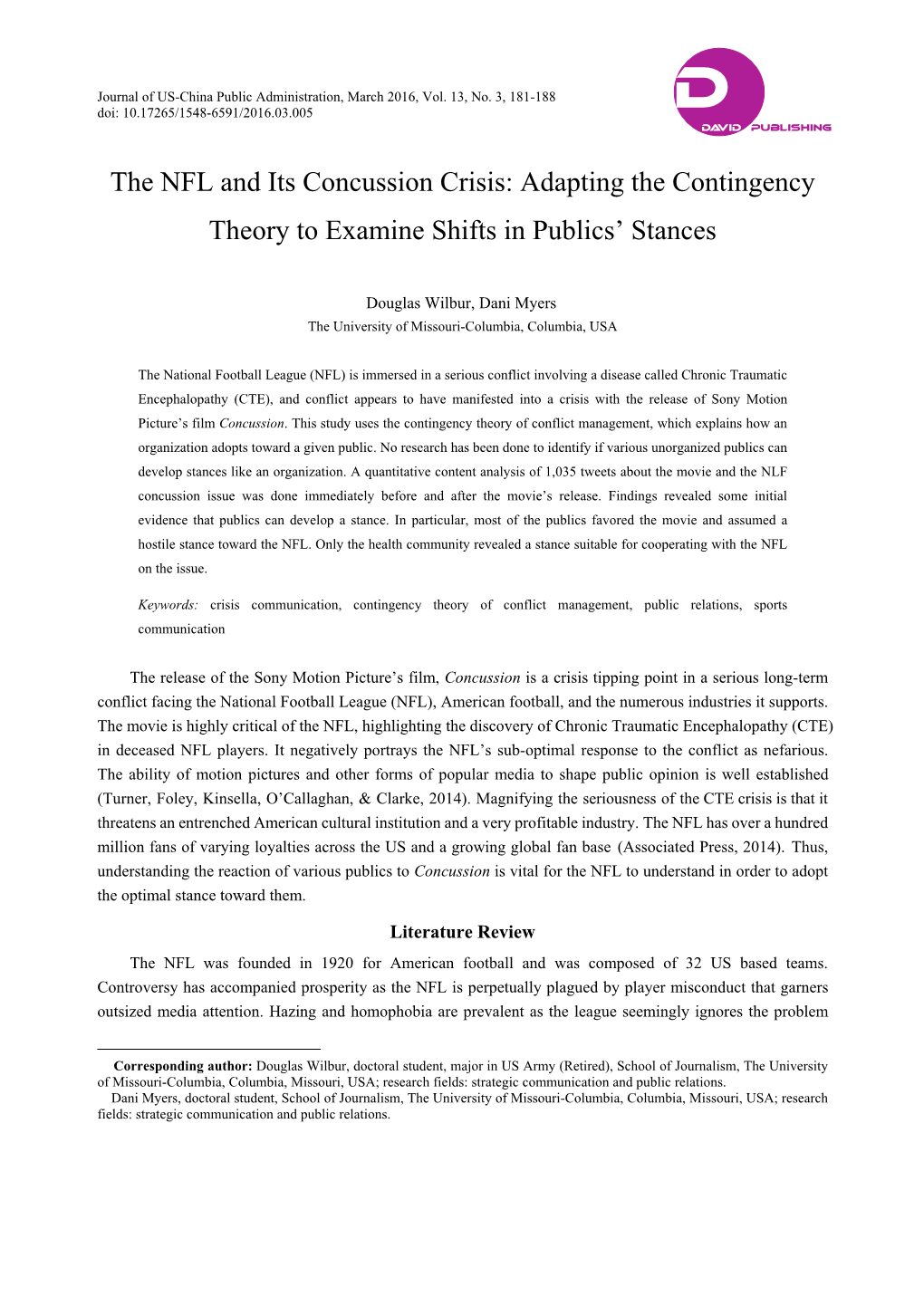 The NFL and Its Concussion Crisis: Adapting the Contingency Theory to Examine Shifts in Publics’ Stances