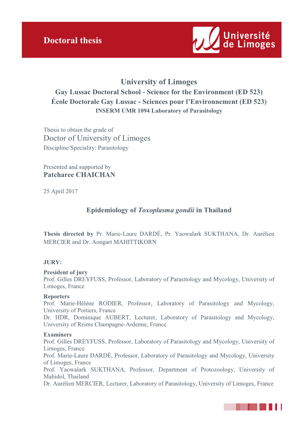 Epidemiology of Toxoplasma Gondii in Thailand