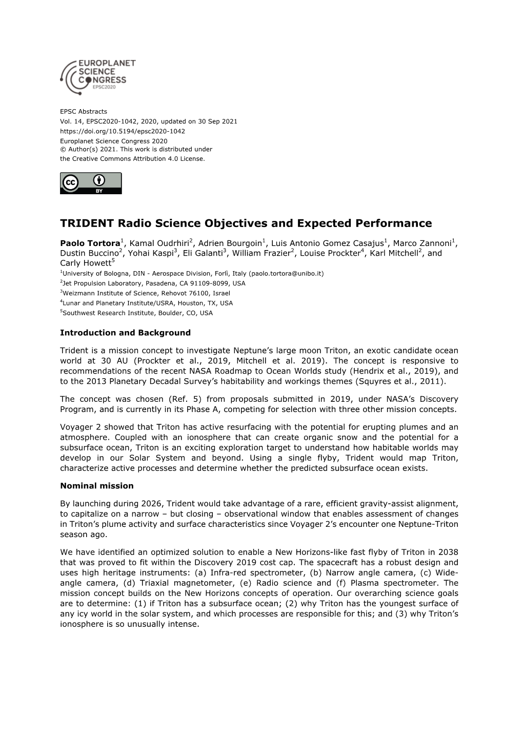 TRIDENT Radio Science Objectives and Expected Performance