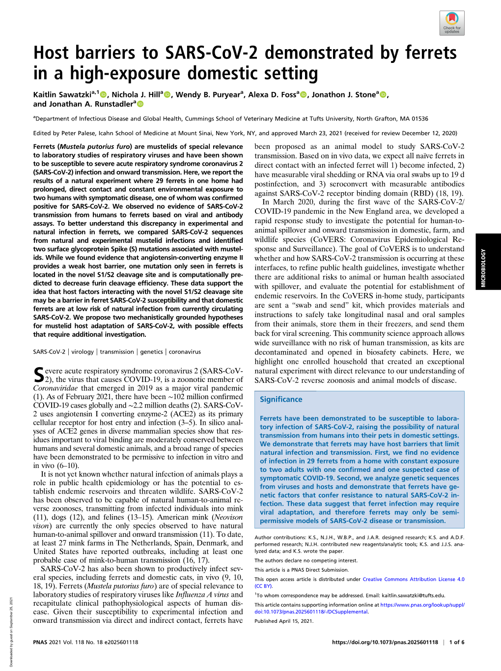 Host Barriers to SARS-Cov-2 Demonstrated by Ferrets in a High-Exposure Domestic Setting