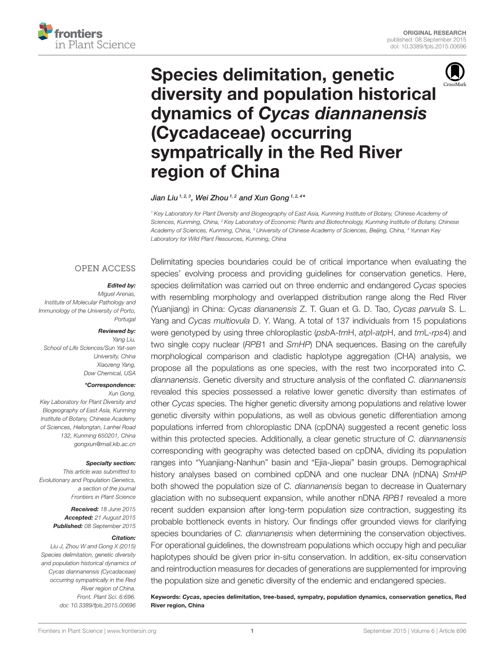 Species Delimitation, Genetic Diversity and Population Historical Dynamics of Cycas Diannanensis (Cycadaceae) Occurring Sympatrically in the Red River Region of China