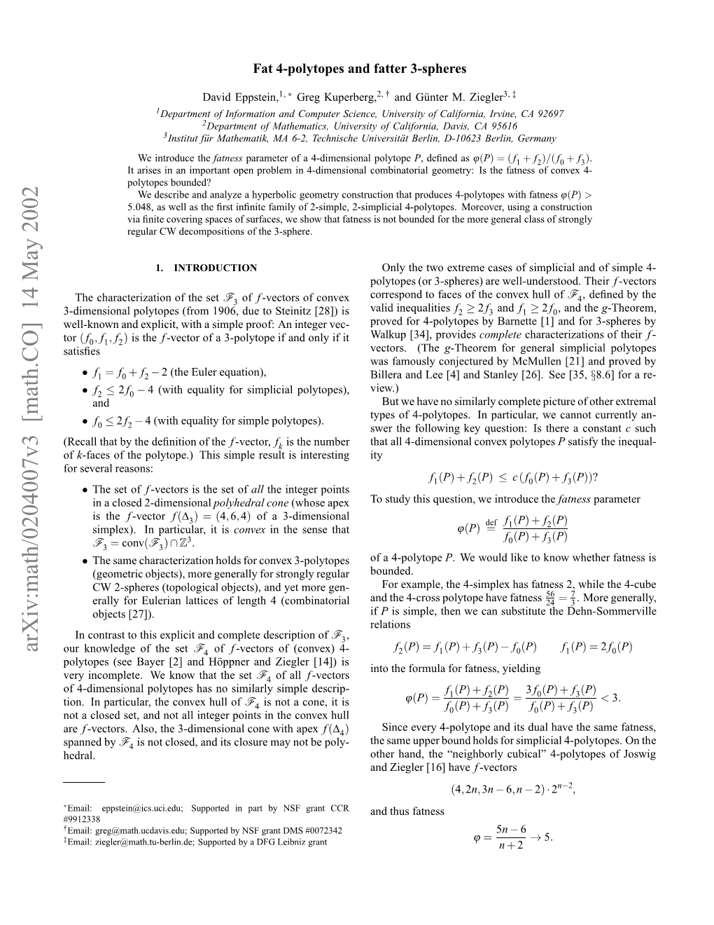 Math.CO] 14 May 2002 in Npriua,Tecne Ulof Hull Convex Descrip the Simple Particular, Similarly in No Tion