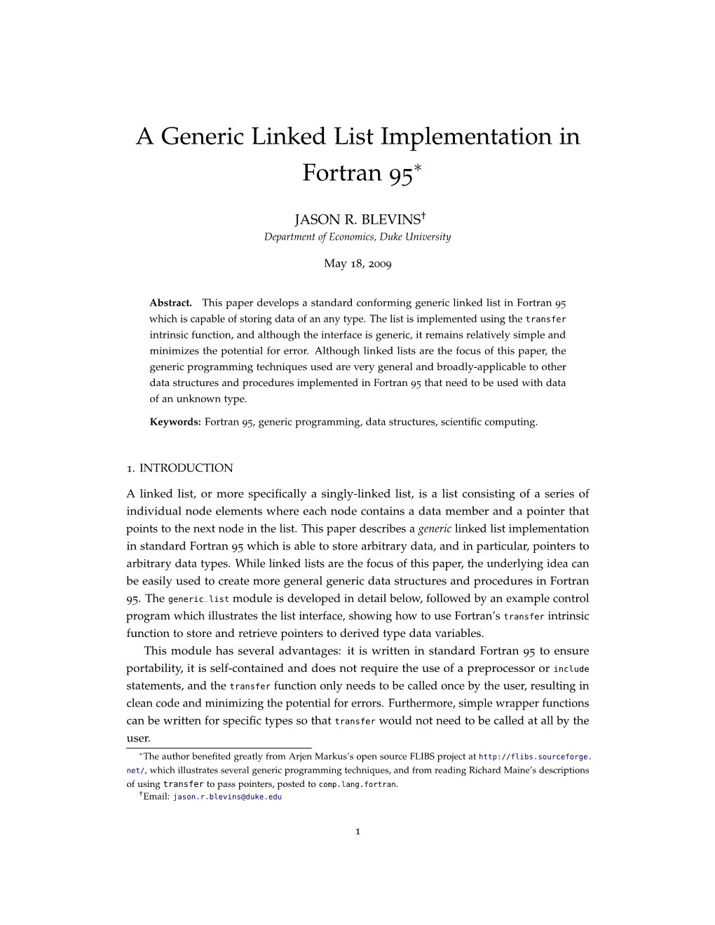 A Generic Linked List Implementation in Fortran 95∗