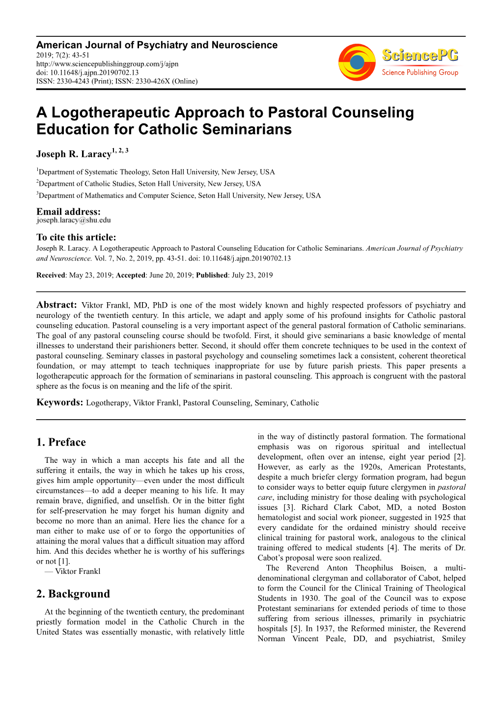 A Logotherapeutic Approach to Pastoral Counseling Education for Catholic Seminarians