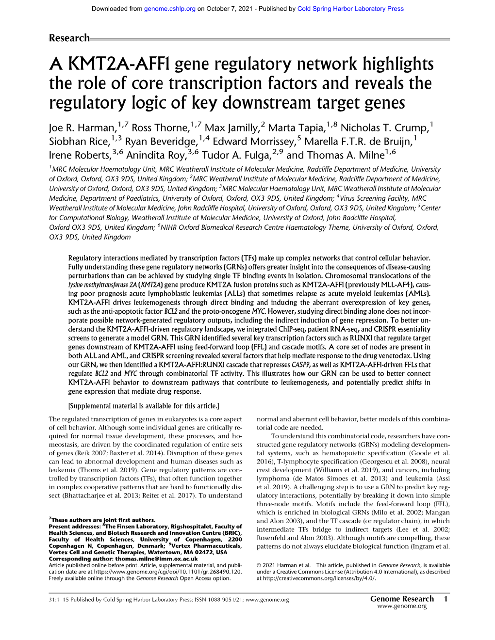 A KMT2A-AFF1 Gene Regulatory Network Highlights the Role of Core Transcription Factors and Reveals the Regulatory Logic of Key Downstream Target Genes