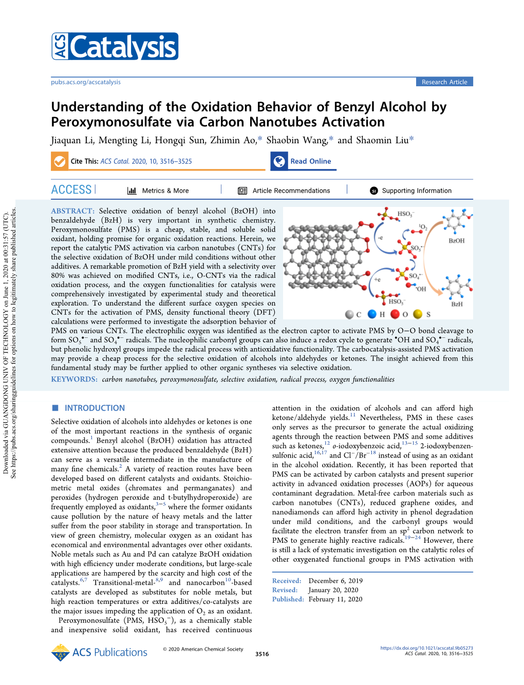 Understanding of the Oxidation Behavior of Benzyl Alcohol by Peroxymonosulfate Via Carbon Nanotubes Activation