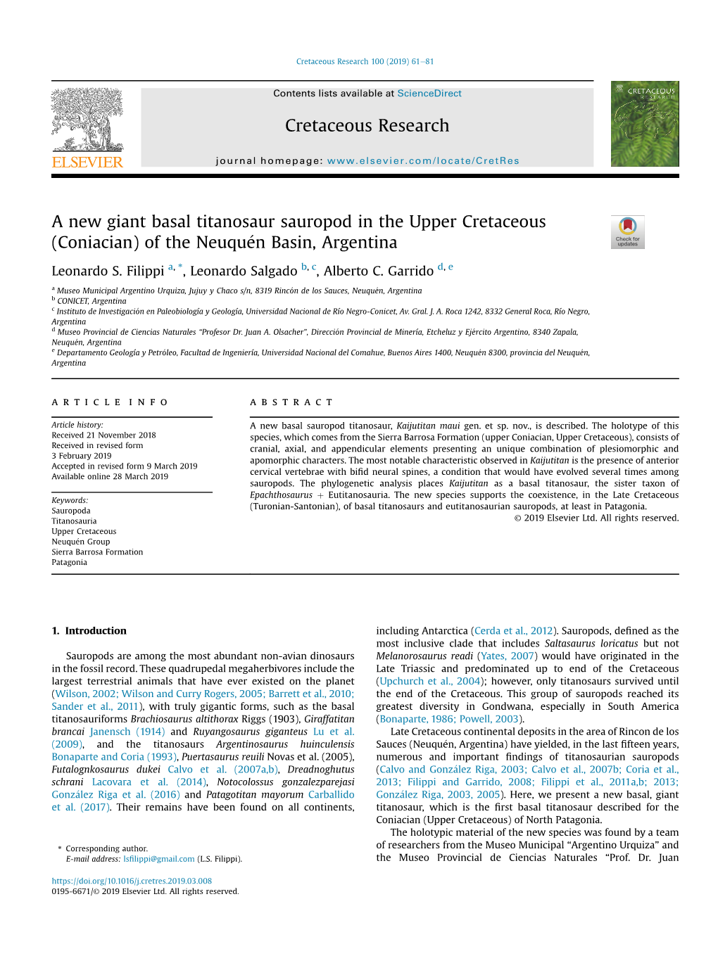 A New Giant Basal Titanosaur Sauropod in the Upper Cretaceous (Coniacian) of the Neuquen� Basin, Argentina