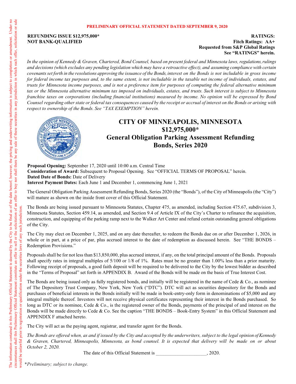 CITY of MINNEAPOLIS, MINNESOTA $12,975,000* General Obligation Parking Assessment Refunding Bonds, Series 2020