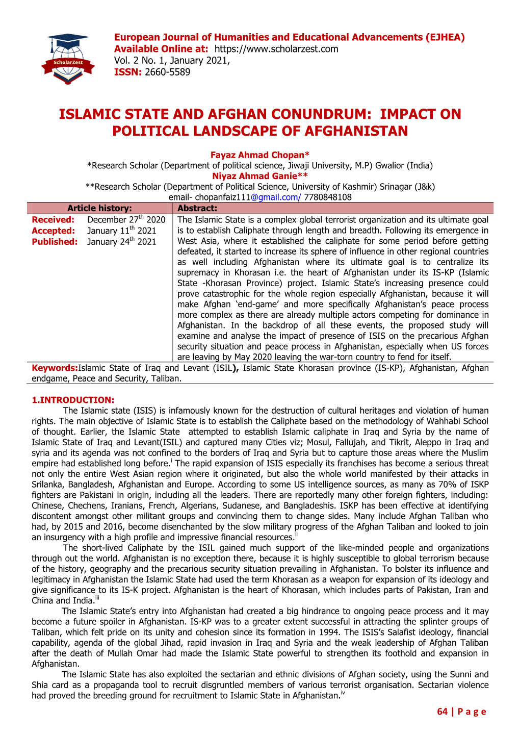 Islamic State and Afghan Conundrum: Impact on Political Landscape of Afghanistan