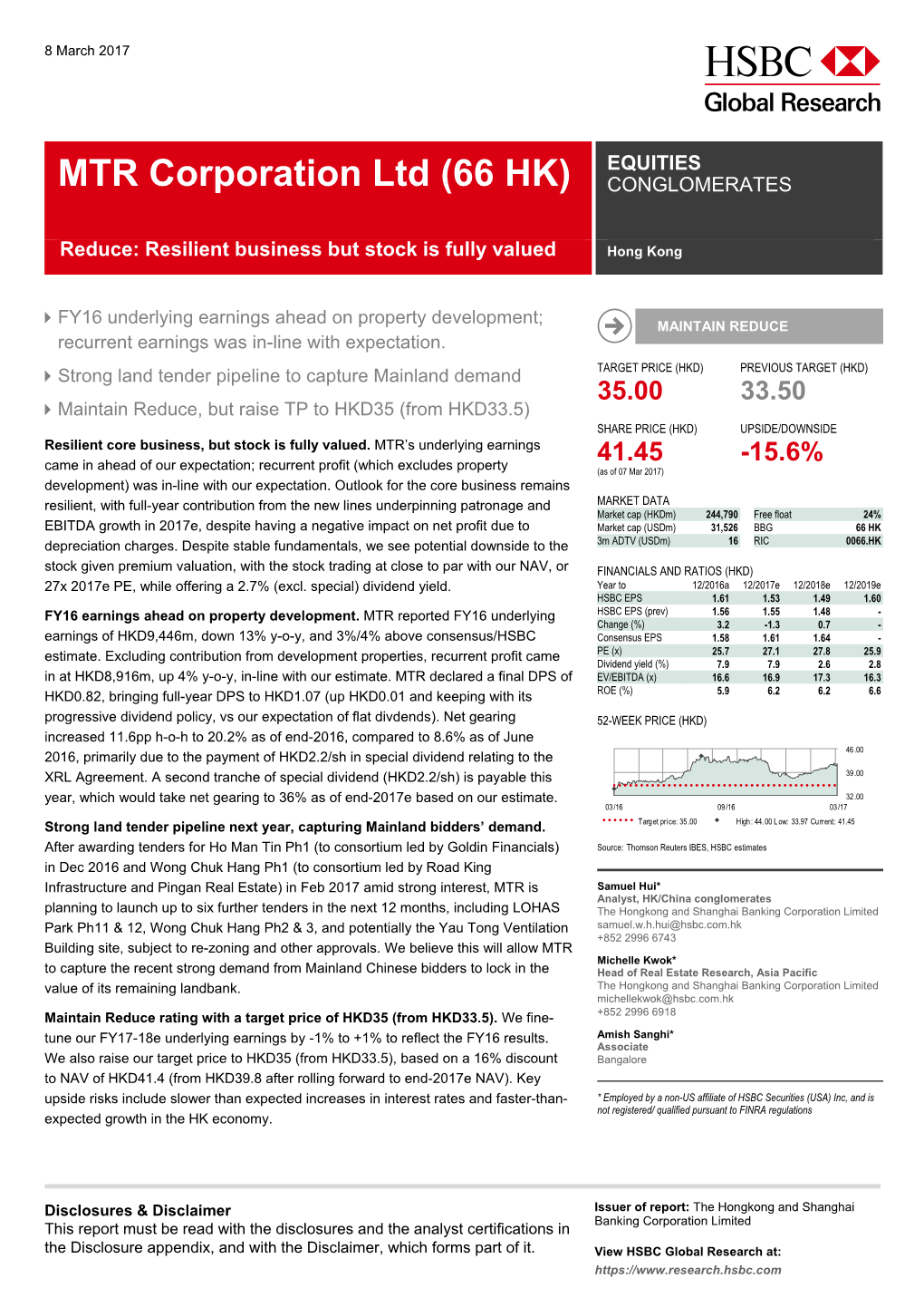 EQUITIES MTR Corporation Ltd (66 HK) CONGLOMERATES 