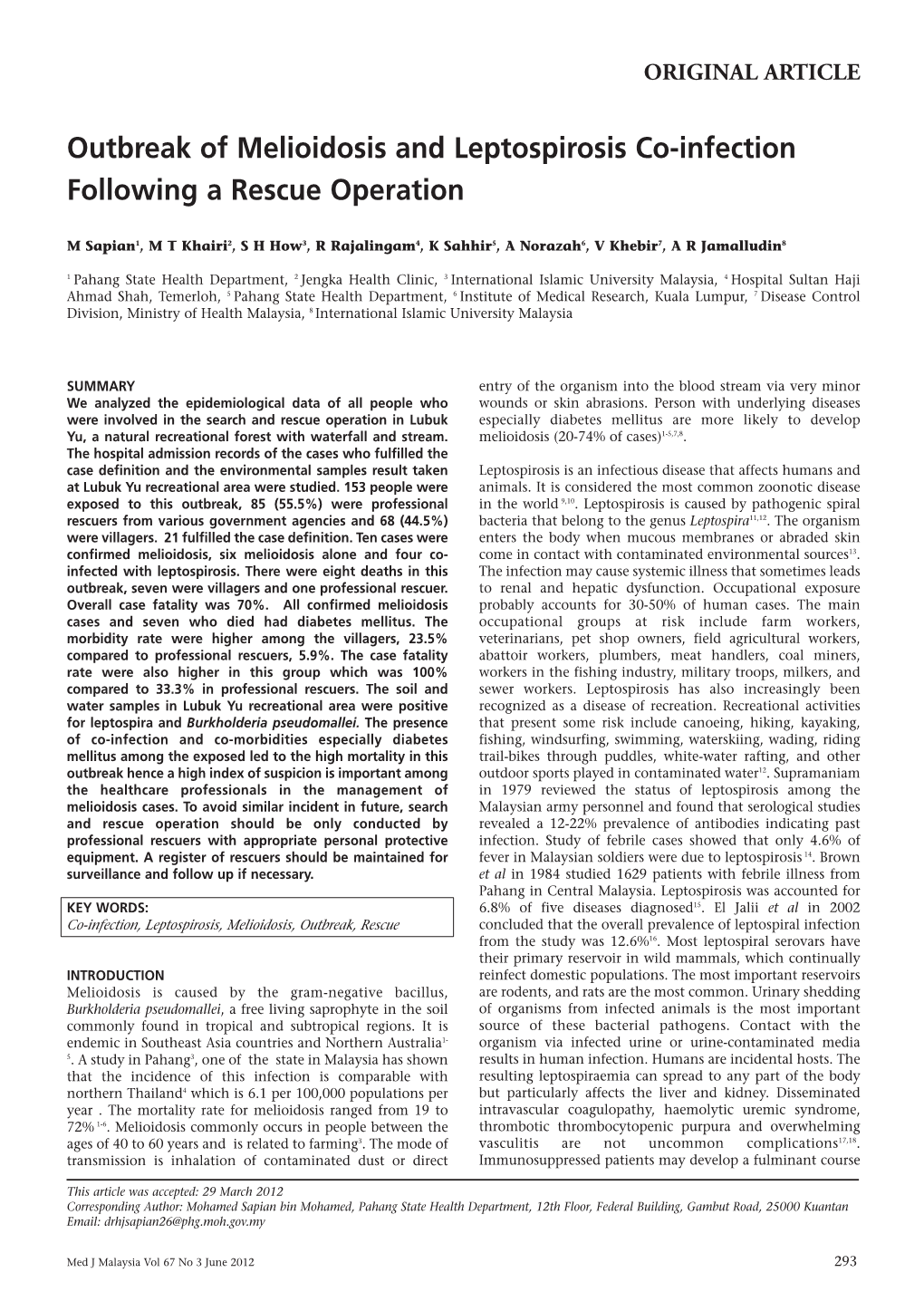 Outbreak of Melioidosis and Leptospirosis Co-Infection Following a Rescue Operation