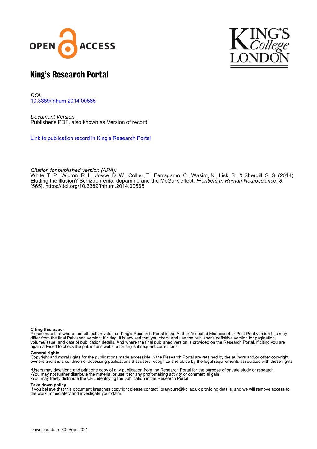 Schizophrenia, Dopamine and the Mcgurk Effect