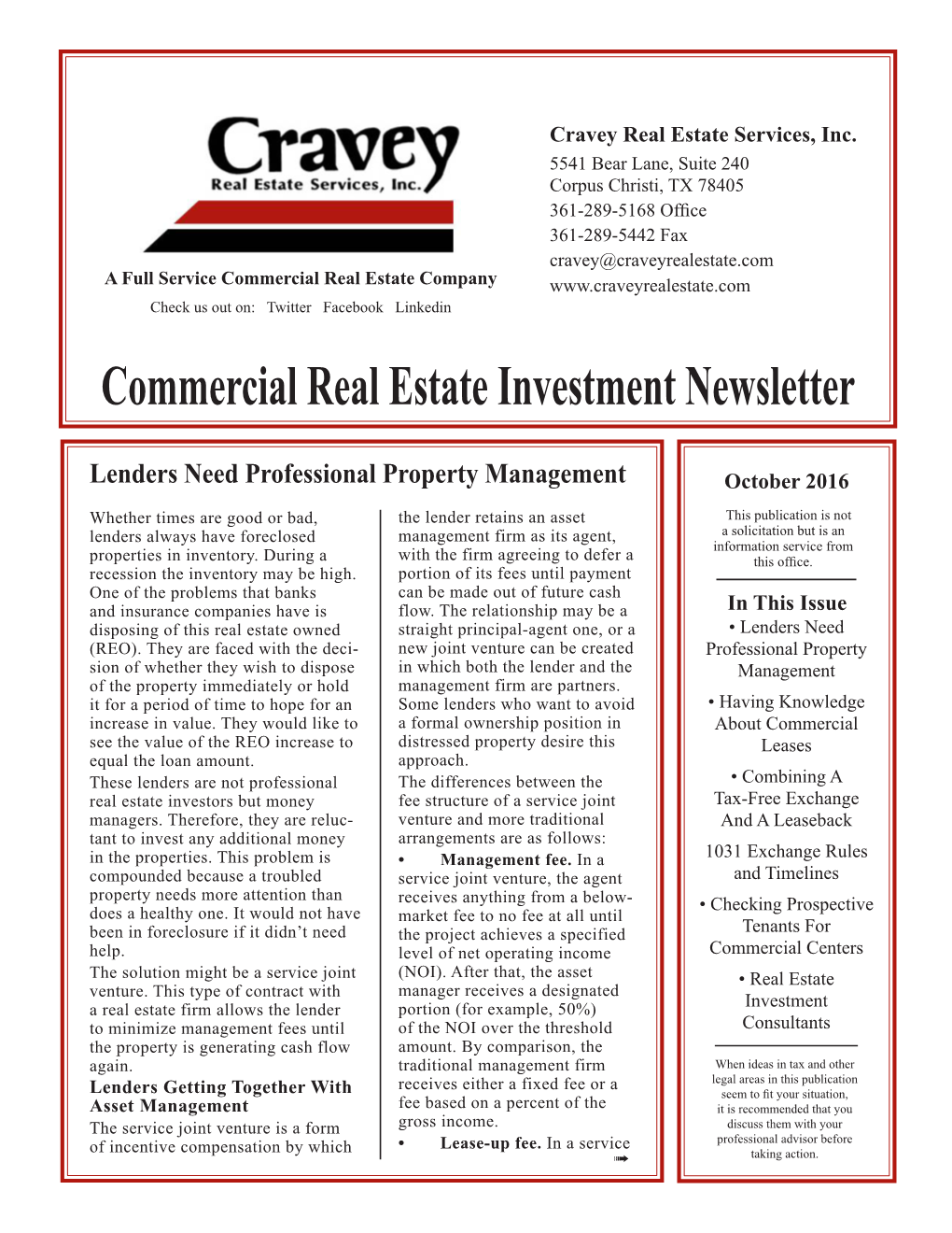 Commercial Real Estate Investment Newsletter