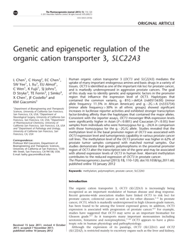 Genetic and Epigenetic Regulation of the Organic Cation Transporter 3, SLC22A3