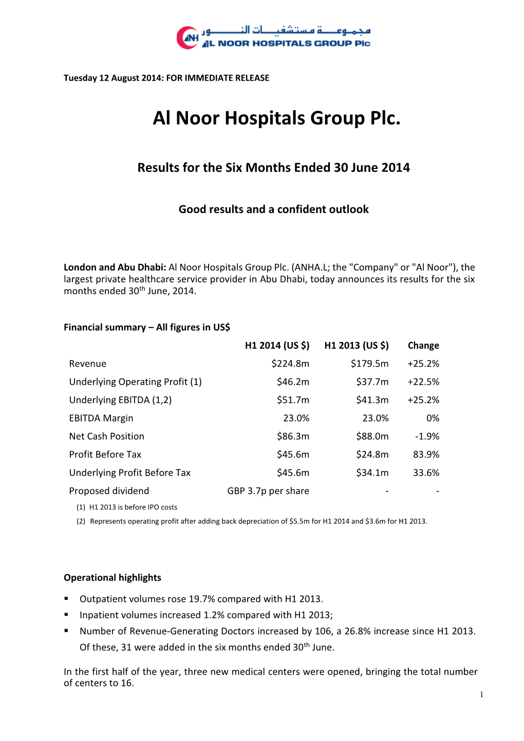 Al Noor Hospitals Group Plc