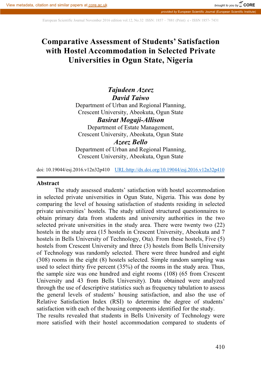 Comparative Assessment of Students' Satisfaction with Hostel