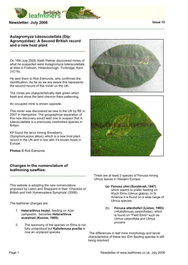 (Dip: Agromyzidae): a Second British Record and a New Host Plant ______